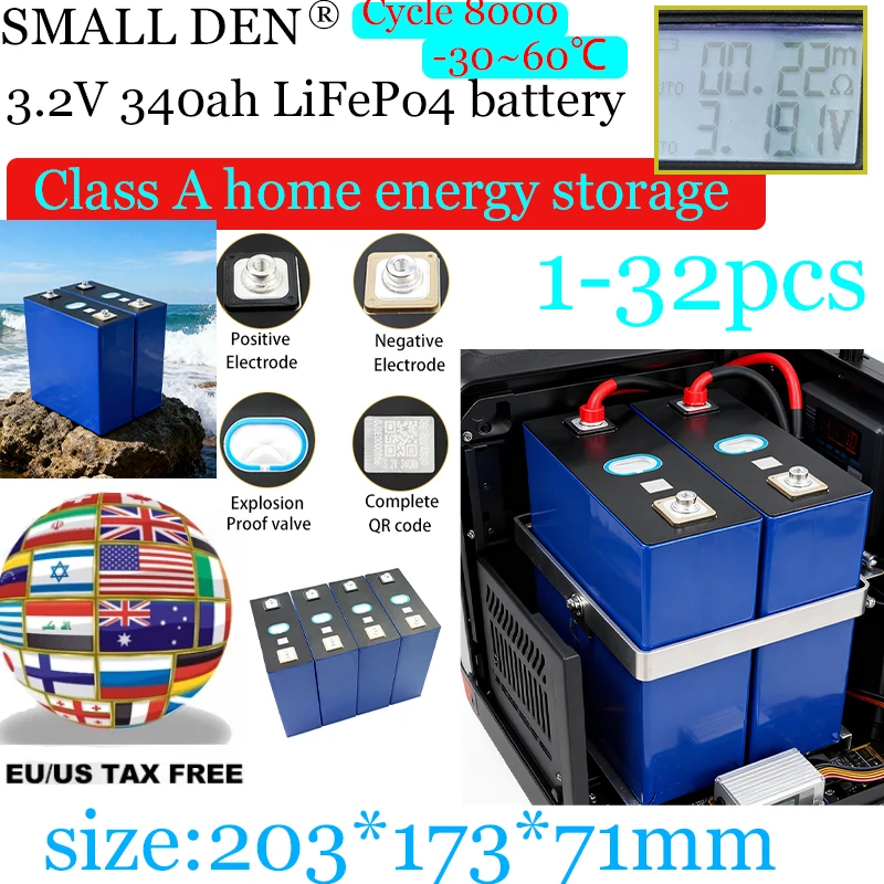 

10000 циклов 3,2 В 320 Ач 340 Ач Lifepo4 Аккумуляторная батарея класса A DIY 12 В 24 В 48 В RV EV Лодка Гольф Солнечная энергия Кемпинг беспошлинный