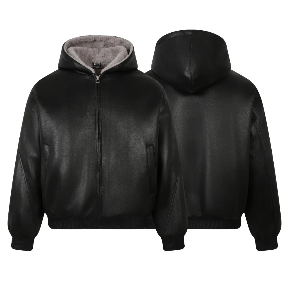 Jaqueta de couro feminina com capuz preto moda casal rachado casaco de pele de carneiro falso com pele macia quente pelle pelle jaquetas de couro