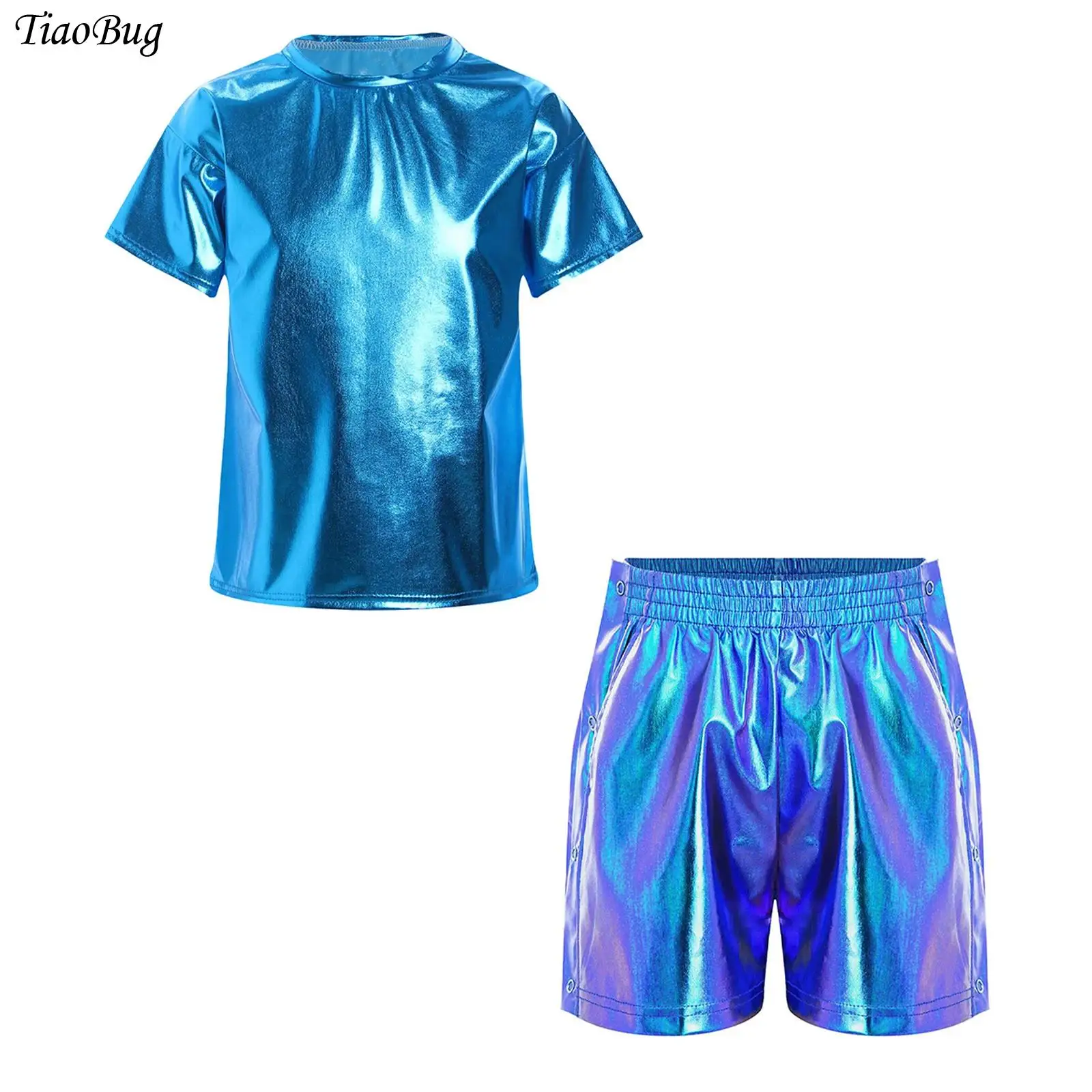 

Kids Girls Boys Hip Hop Jazz Dance Performance Costume Short Sleeve Metallic T-shirt Top with Shorts Performance Set Streetwear