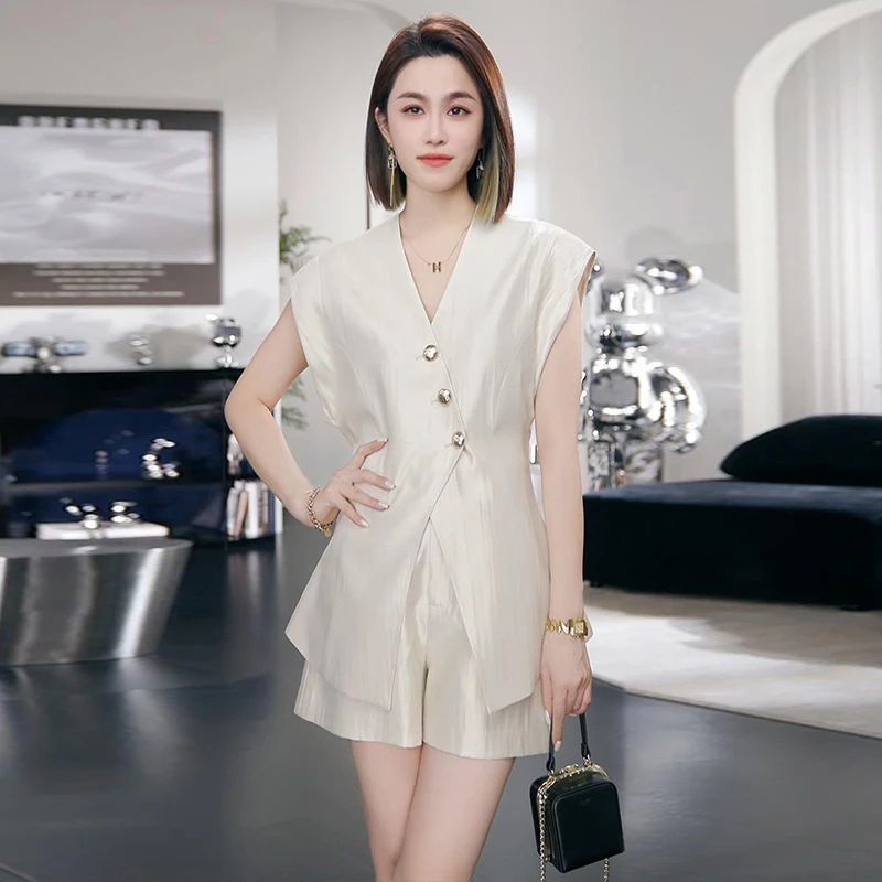 Fashion Summer Office Ladies Two Piece Set 2025 New High Quality Women V Neck Single Breasted Split Tops + Wide Leg Shorts Suits