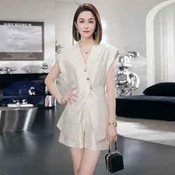 Fashion Summer Office Ladies Two Piece Set 2024 New High Quality Women V Neck Single Breasted Split Tops + Wide Leg Shorts Suits