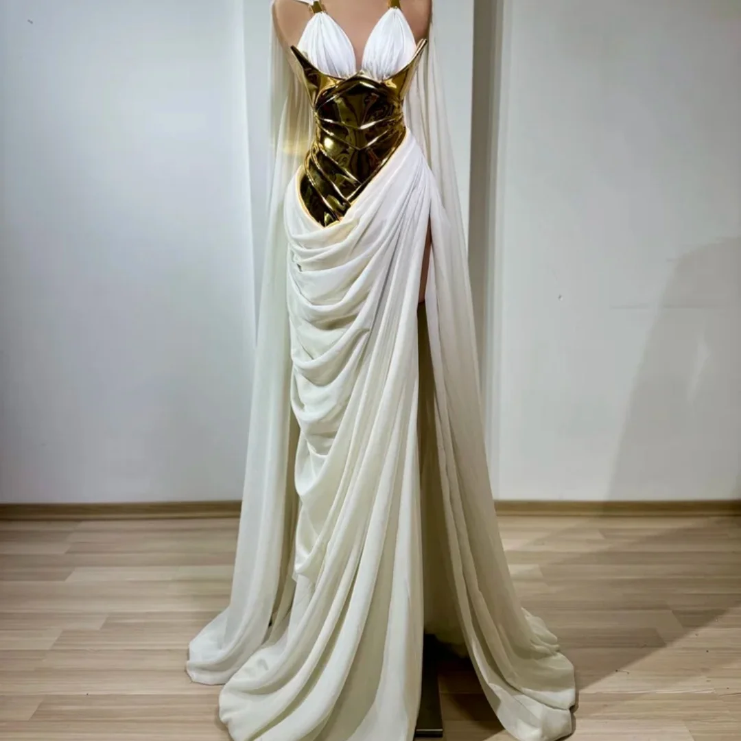 Amanda Customized White Halter Neck Gold Metallic Accent Ruched High Slit Long Cape Maxi vestidos de noche Elegant Prom Dress
