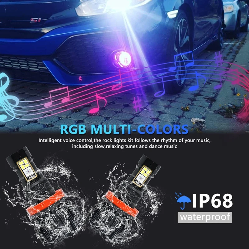 Car LED RGB Headlight APP Bluetooth-Compatible Control Multi Colors LED Fog Lights Bulbs