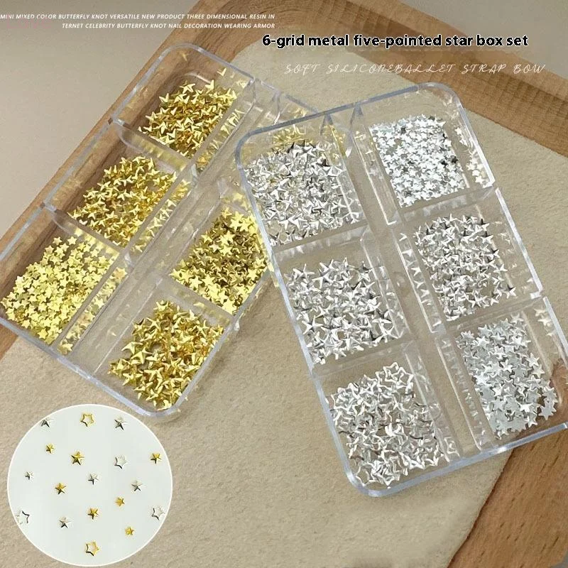 6 Siatek Metalicznych Złotych Srebrnych Ozdób do Paznokci, Cyrkonie w Kształcie Pentagramów, Nitki Dekoracyjne, Zawieszki do Manicure, Płaskie Ozdoby do Paznokci, Akcesoria do Paznokci, Elementy do Paznokci