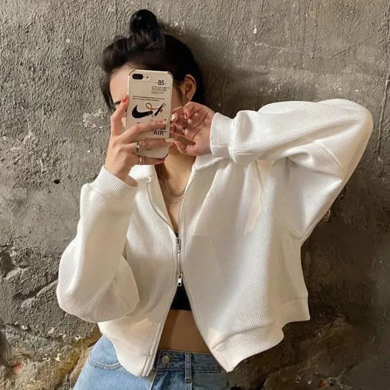 Sweatshirts Women Autumn Cropped Leisure Sporty Vibe Students Pure Basic Zip-up Harajuku Streetwear Youth Daily Overcoats Simple