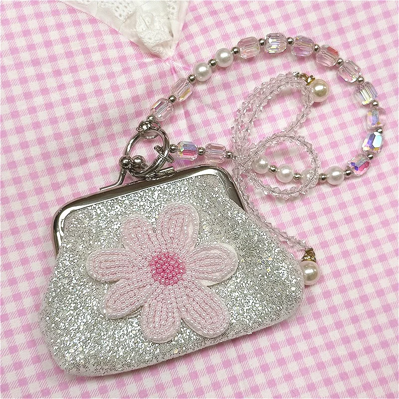 Kawaii Sparkly Kiss Clasp Pouch Beaded Floral Ornament Small Storage Bags Detachable Bead Chain Girls Key Bag Accessories Gift