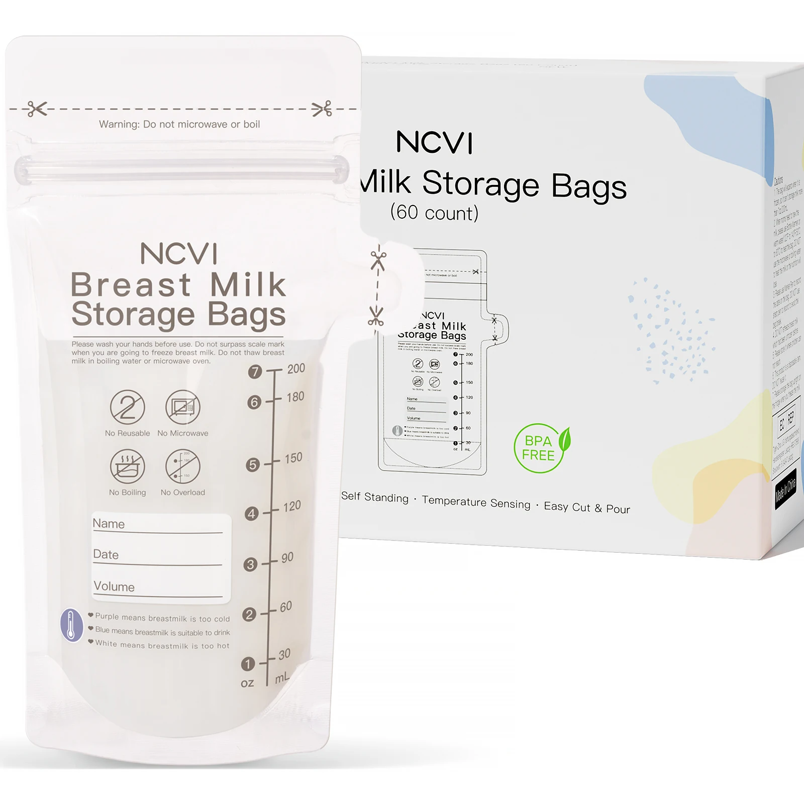 NCVI 60 Count Breastmilk Storage Bags,7oz Breast Milk Storage Bags with Temp-Sensing for Breastfeeding,Doubled-Sealed, BPA Free