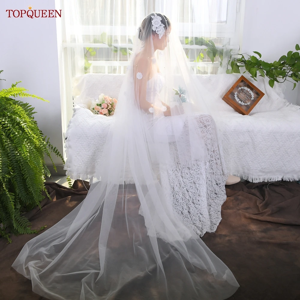 

TOPQUEEN Фата для невесты 2-х уровневая фата с жемчугом и 3D-цветами, аппликация в виде собора, длинная румяна, вуаль спереди и сзади V61