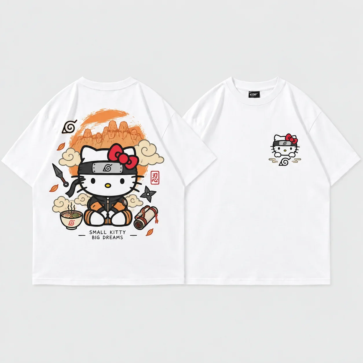 White Tee Men's Women's Sanrio Hello Kitty Ninja Parent Child Anime Cool Graphic Art Print Oversized Short Sleeve Streetwear Top