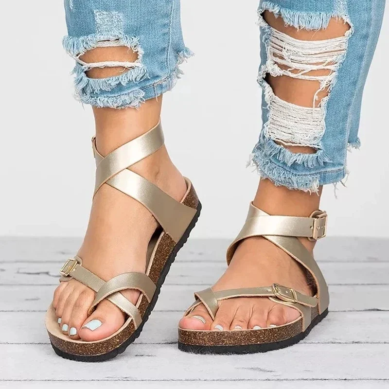 Women Sandals Cork Slippers Roman Buckle Flats Gladiator Sandals Summer Lovers Flip Flops Outside Beach Slides Black Brown Beige