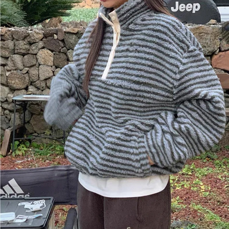 الكورية الصوف مخطط البلوز المرأة Harajuku Y2K كم طويل معطف دافئ رقيق فضفاض عادية الشارع سترة الموضة