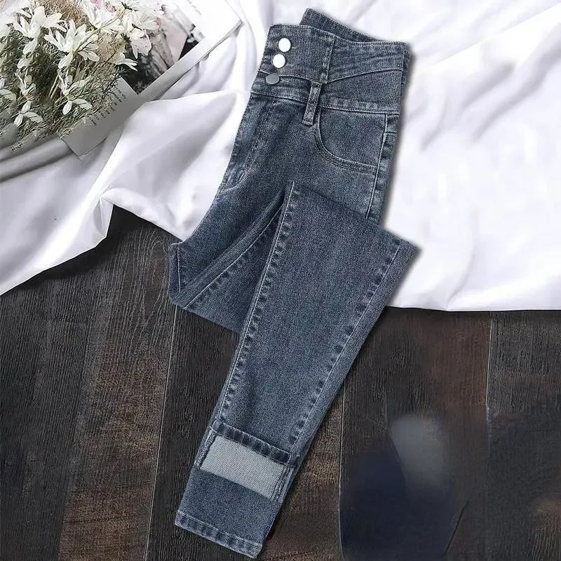 High Waist Vintage Jeans for Women Spring Autumn Winter Slim Versatile Slim Casual Pencil Elastic Tight Slim-fit Pants 2023 New