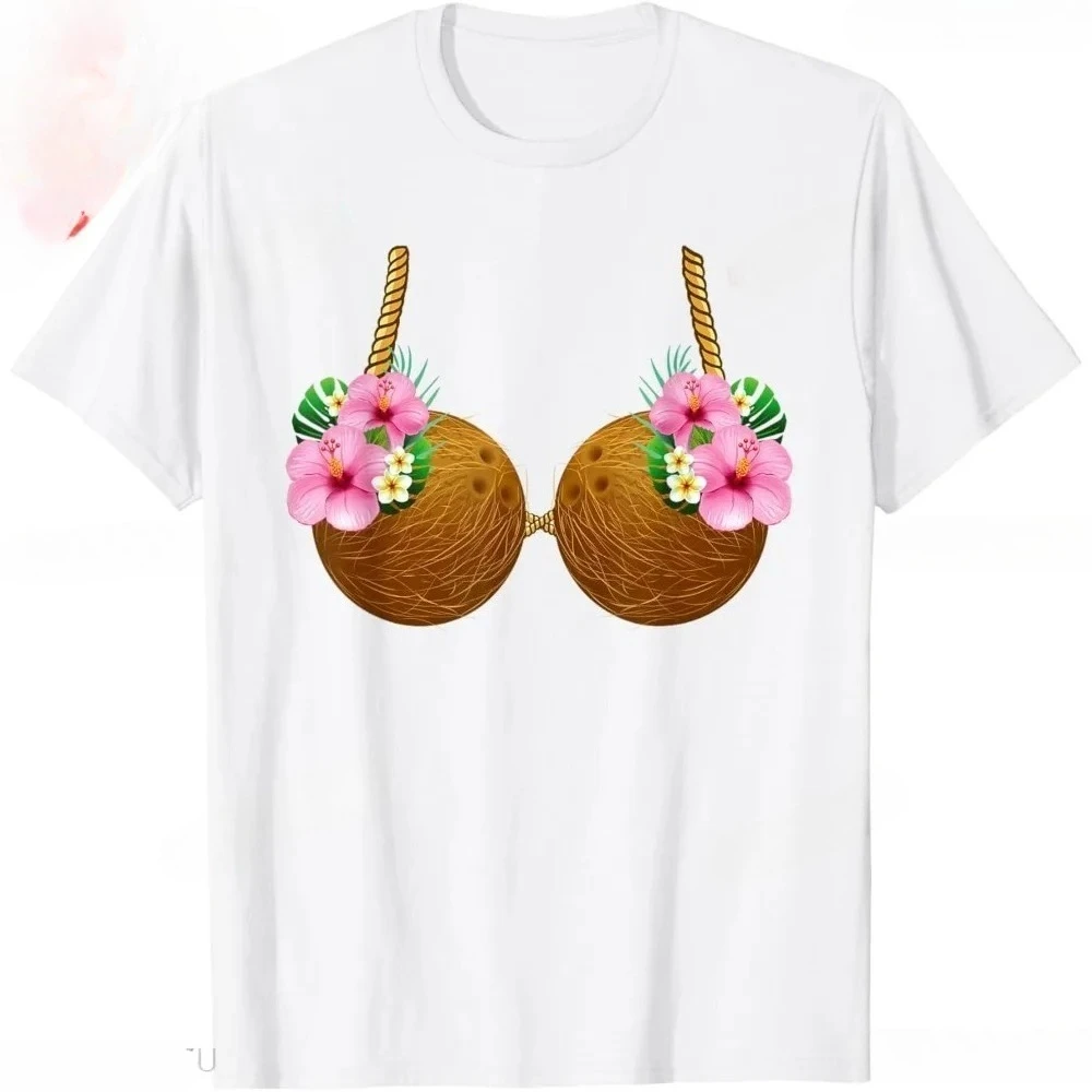 Coconut Bra Hawaiian Tropical Costume  Party T-Shirt Hawaiian Tropical Style Women Sleeves