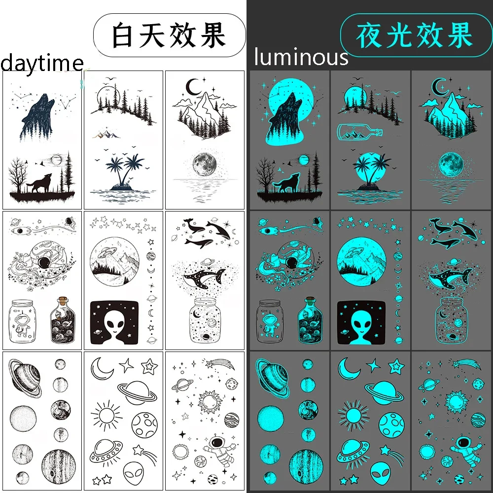 

Luminous Tattoo Sticker Moon Star Planet Wolf Forest Whale Alien Tattoo Children Body Art Tattoo Kids Women Men Tattoo Cartoon