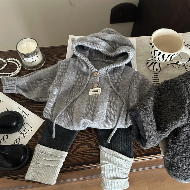 Girls Suits 2024 New Winter Childrens Wear Baby Girls Knit Hooded Sweater Pile Pile Socks Plus Cashmere Leggings Two-piece Set