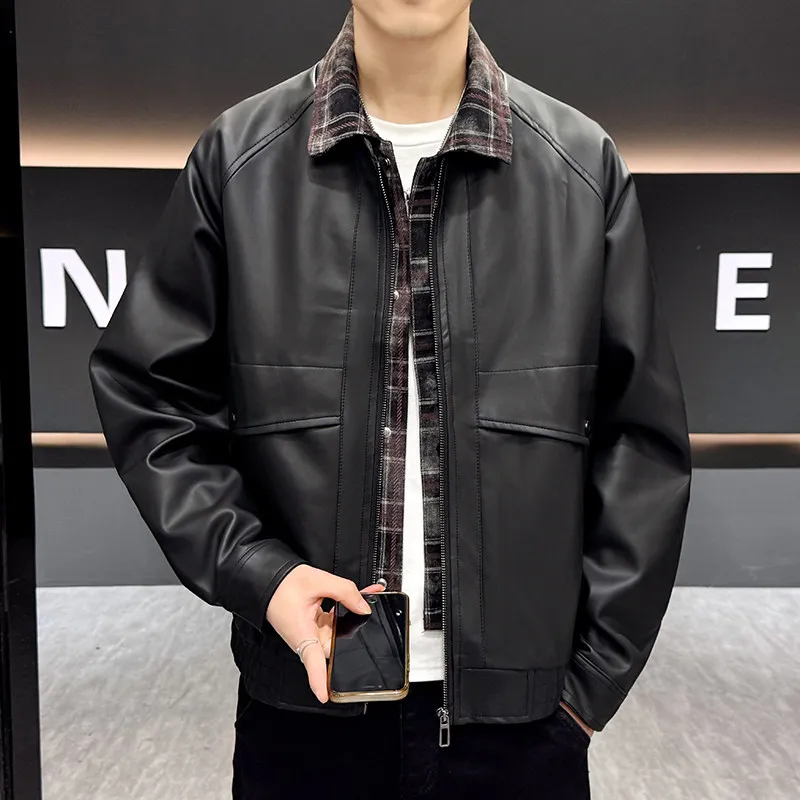 

Повседневная мужская модная байкерская одежда из искусственной кожи с воротником-хомутом, универсальная верхняя одежда для осеннего сезона, обычная длина