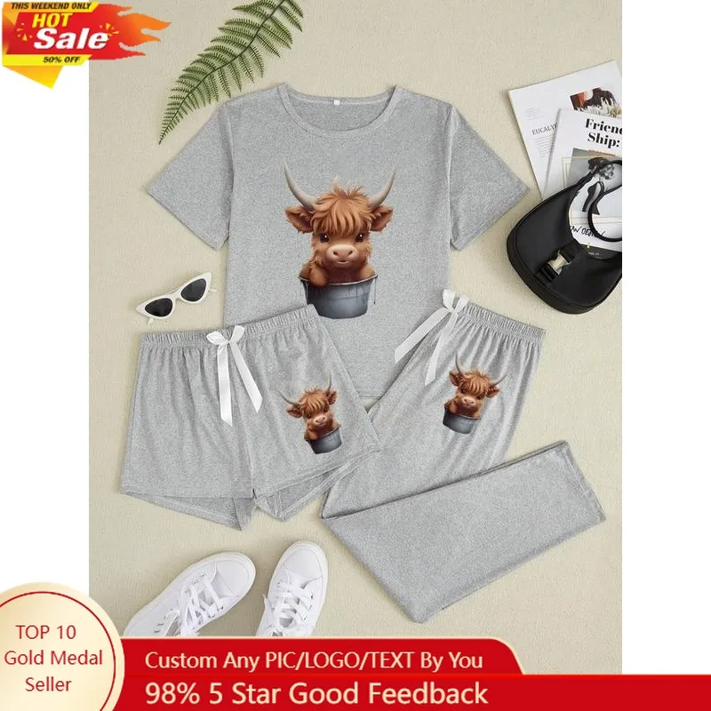 

Women's Cartoon Highland Cow Print Pajama Set, 3 Piece Sleepwear Collection, Casual Fitted Nightwear for All Seasons