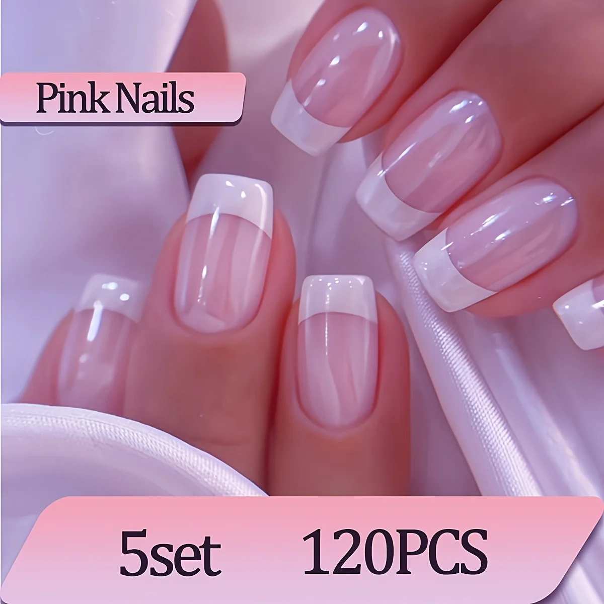 

Набор для прессованных ногтей с французским кончиком, 120 шт., розовый и белый градиент с глянцевой отделкой, квадратный, съемный, с желейным клеем и пилочкой для ногтей