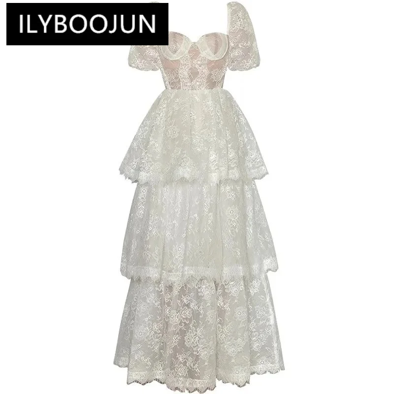 

ILYBOOJUN Spring Summer Women's Ball Gown Dress Square-Neck Puff Sleeve Lace Embroidery Elegant Party Dresses
