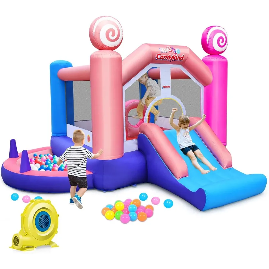 

Inflatable Bounce House Princess Pink Jumping Castle Candyland with Slide Ball Pit Basketball Rim for Indoor Outdoor Use Comple