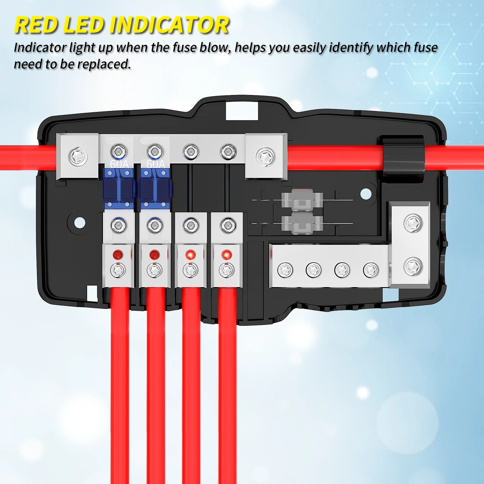 Fused Power Distribution Block Car Audio 4 Way MIDI(Mini-ANL) Fuse Block 12V 0/4 Gauge with Ground for Auto UTV Boat Stereo Amp