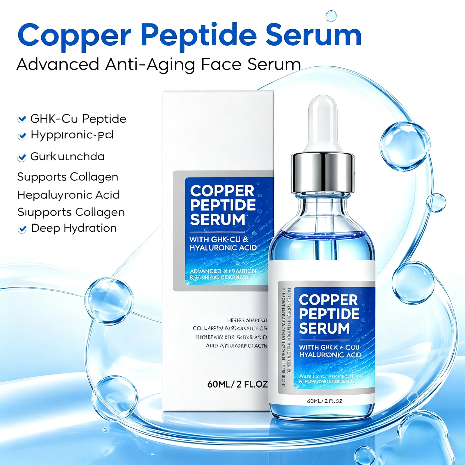 Korean Copper Peptide Skincare Set – GHK-Cu Firming Serum 60ml + Bakuchiol Multi-Peptide Cream Hydrating & Plumping Face Care