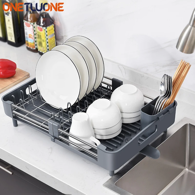 

Stainless Steel Dish Drying Rack Adjustable Kitchen Plates Organizer with Drainboard over Sink Countertop Cutlery Storage Holder