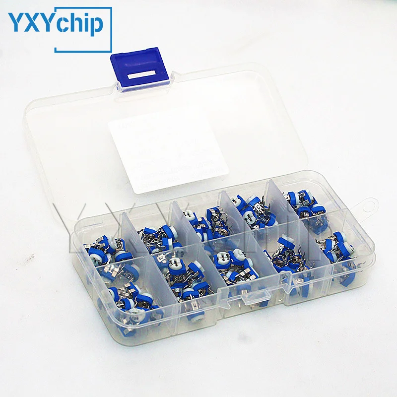 100PCS RM065 Trimmer Potentiometer Kit 500R 1K 2K 5K 10K 20K 50K 100K 200K 1M Variable Resistors Potentiometers RM-065