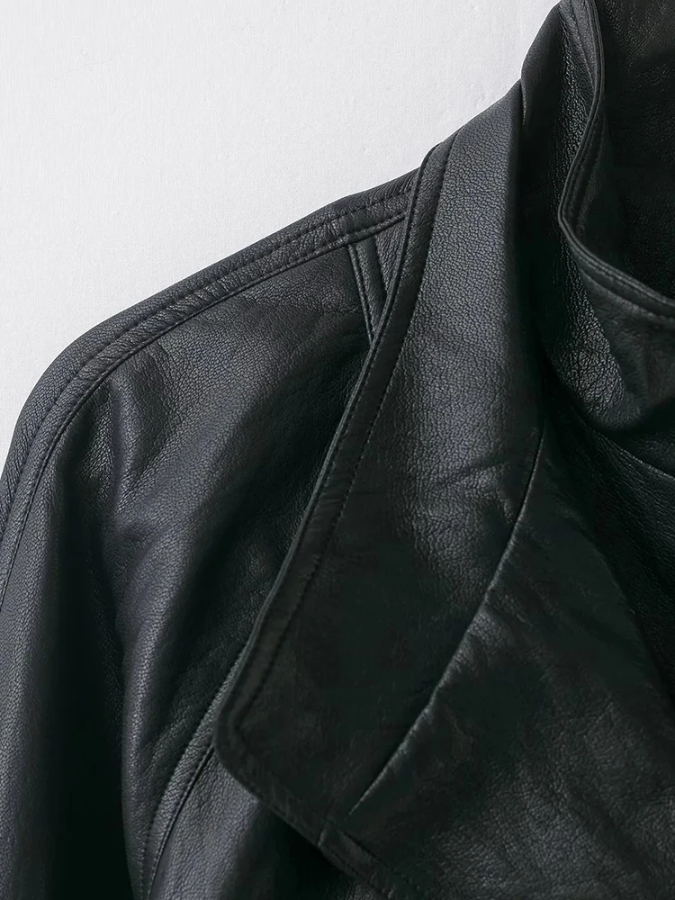 여성 레트로 숏 가죽 재킷 여성 블랙 시크 스탠드 칼라 지퍼 포켓 허리 조임 재킷 여성 데일리 하이스트리트 코트