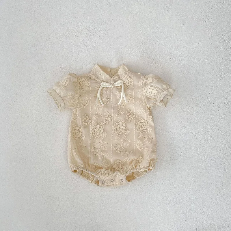 

Кружевное боди с короткими рукавами и цветочной вышивкой для новорожденных, цельный наряд, летняя одежда, комбинезон принцессы для маленьких девочек, От 0 до 2 лет