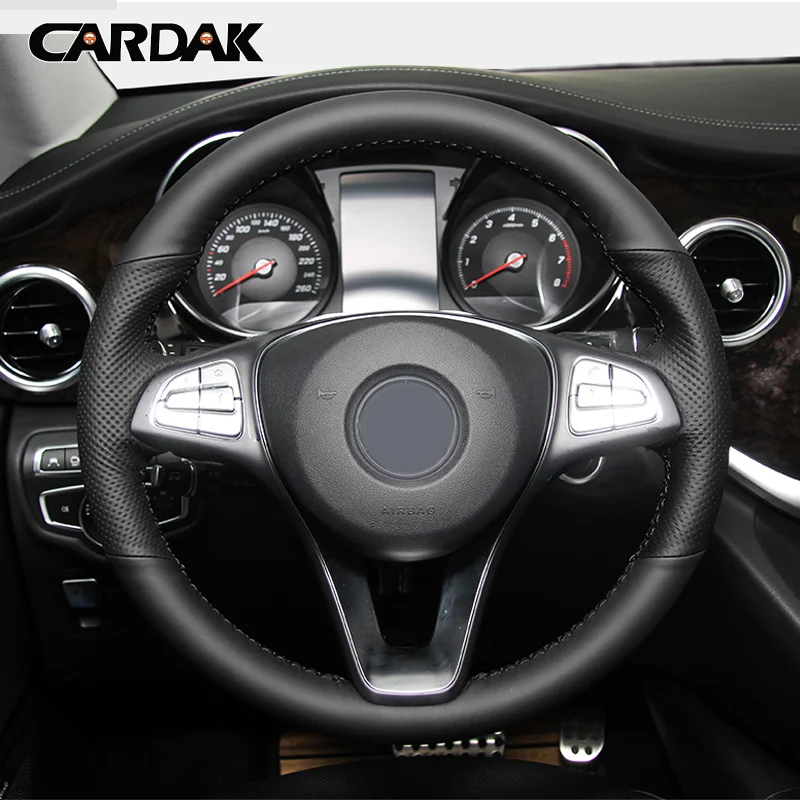 

CARDAK DIY Black Leather Car Steering Wheel Cover For Mercedes-Benz C180 C200 W205 C300 B200