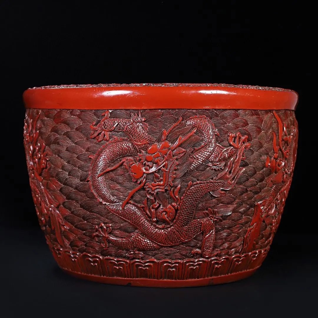 Red lacquer ware Longteng Sihai round cylinder ornament collection