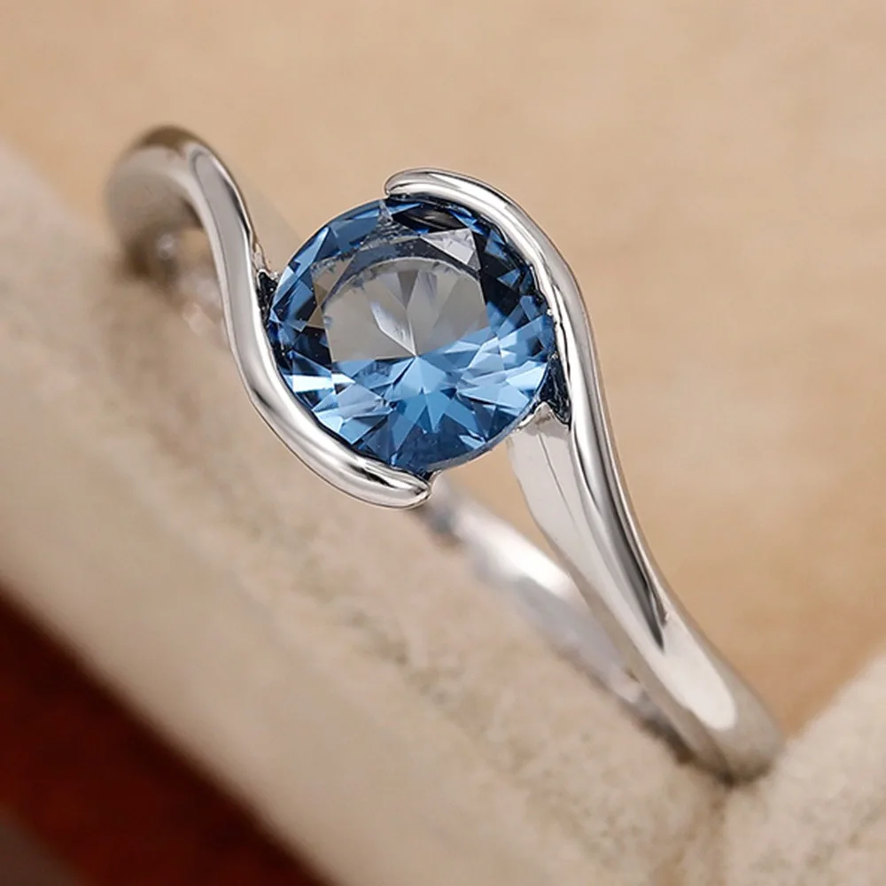 Fashion Simple Twisted Shank Blue Round 5A Zircon Topaz Rings for Women Solitaire Blue Gemstone Bride Engagement Wedding Jewelry