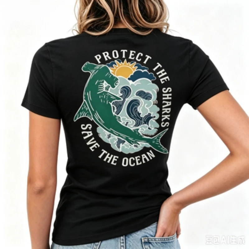 Ladies  Tee Vintage Ocean Wave Hammerhead Shark Graphic Save Ocean Environmental Protection Beach Vacation Casual Fashion Top