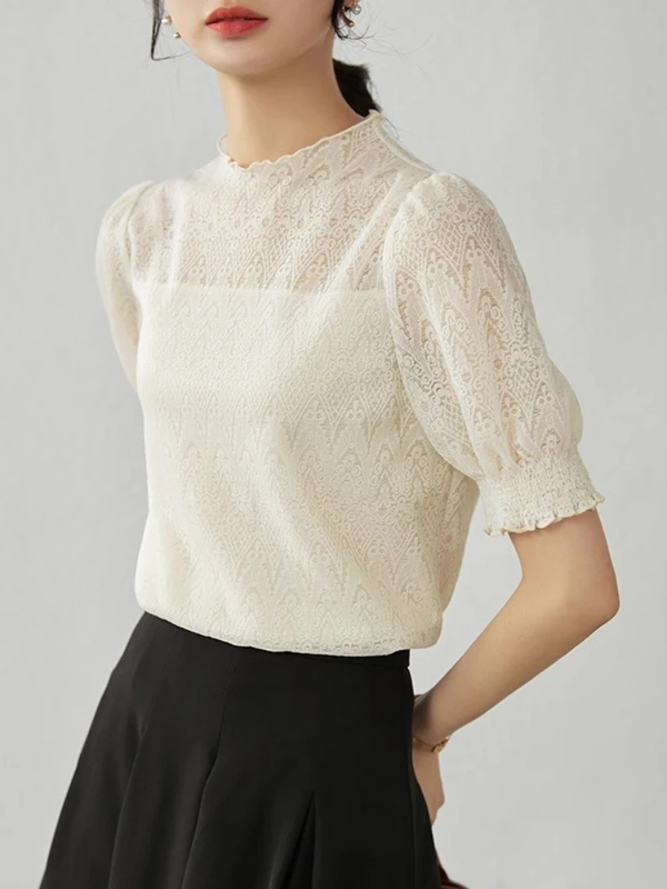 

Sentubila Hollow Out Lace Shirt for Woman 2025 Autumn Solid Color Simple Fashion Puff Sleeve Tops Half High Collar 121T40534