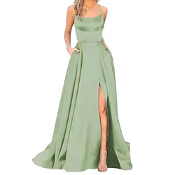 Elegant Gentle Mint Green Purple Wedding Dress Ladies Slim Fit Waist High Slits Satin Long Dress Evening Ball Gown For Women New