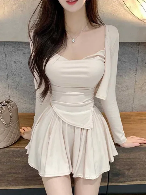 

2025 Autumn/winter Korean Version New Swinging Collar Irregular Sling+long Sleeve Cardigan+high Waist Pleated Skirt Set O9J2