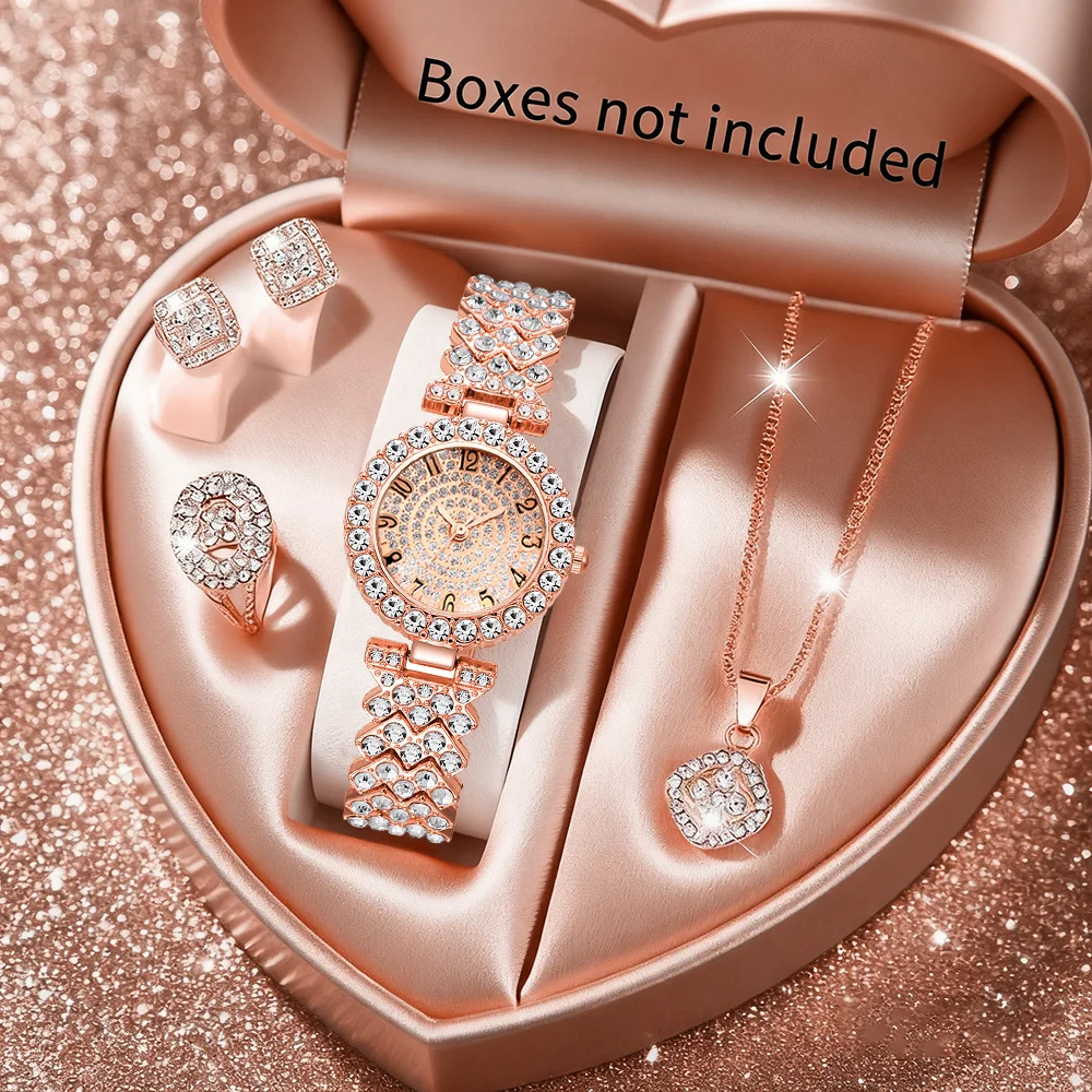 5-teiliges Luxus-Strass-Quarzuhr-Set für Damen, Strass-Schmuckset, elegante Damen-Armbanduhren (ohne Box)