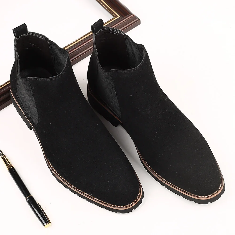 Black Classic Suede Men Chelsea Boots Male Ankle Shoes Leather Casual Men Boots Formal Dress Shoes Wedding Sleeve Cowboy Boots