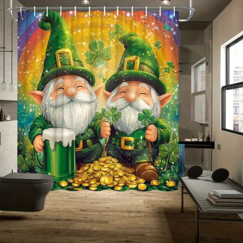 

~O~Festive Leprechauns Shower Curtain - Golden Coins & Rainbow, 70.8x70.8", Polyester, Green Hats & Four-Leaf Clovers, Starry Sk