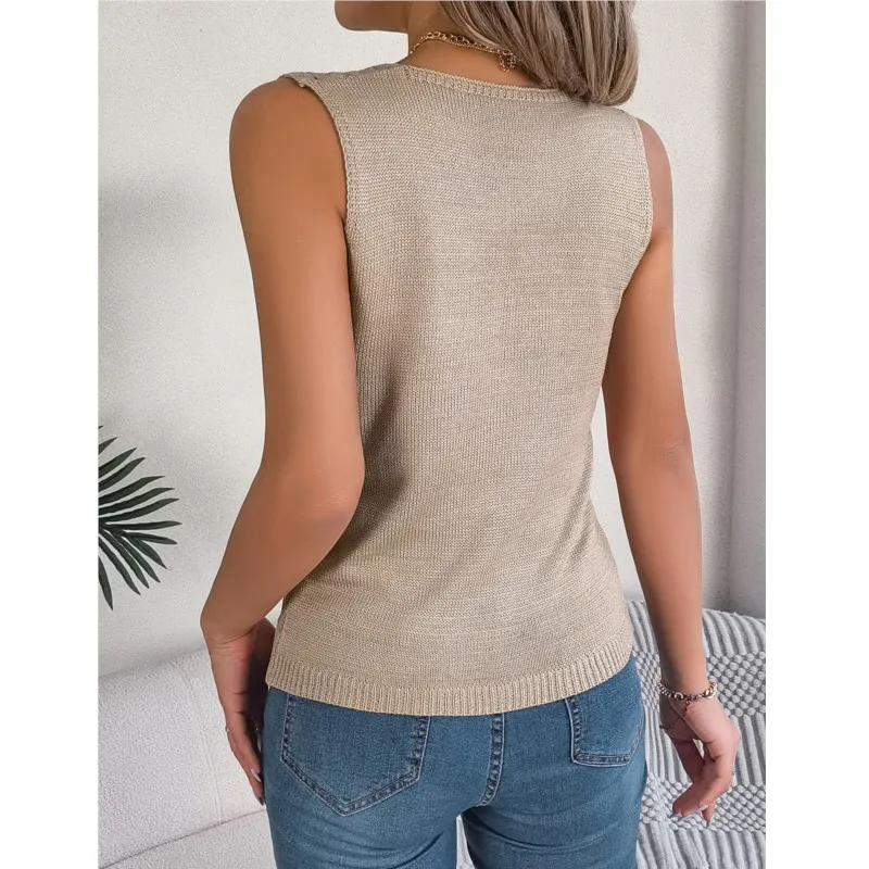 2022 Lente/Zomer Damesmode Effen Kleur Knop V-hals Holle Mouwloze Top Tank Top Vakantie Truien Dameskleding