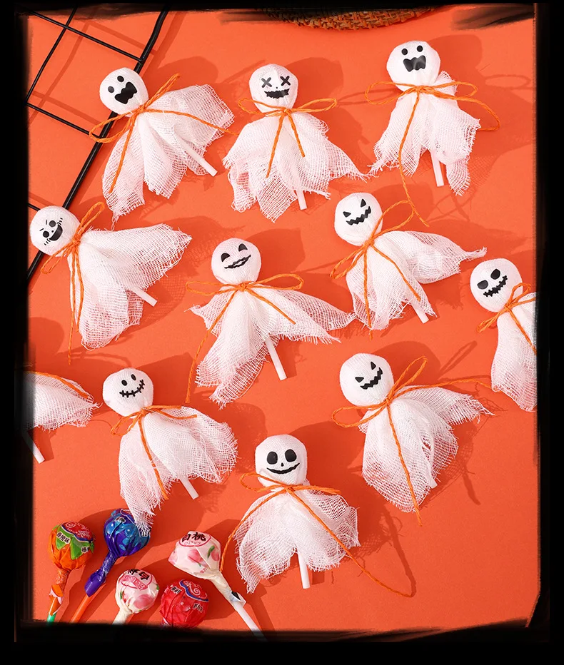 12PCS Halloween Ghost Tissue Craft Kit with Lollipop Decor DIY White Fabric Spooky Party Favor Supplies for Kids Activity