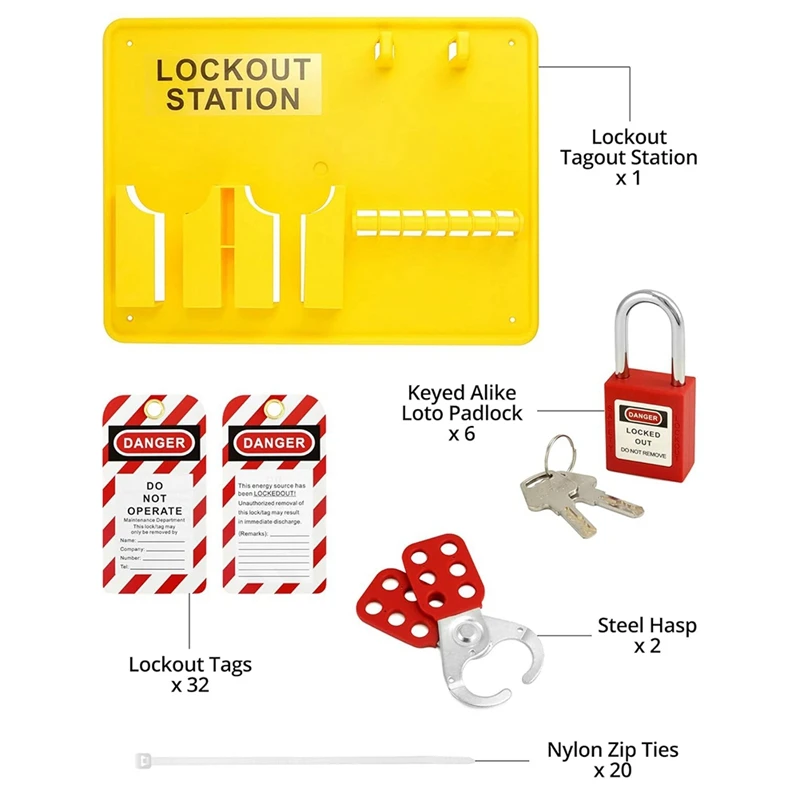 Lockout Tagout Station,6 Pcs Safety Padlock, Lockout Station, 2 Pcs Hasp,32 Pcs Tags 20 Pcs Zip Ties,For Electric Power