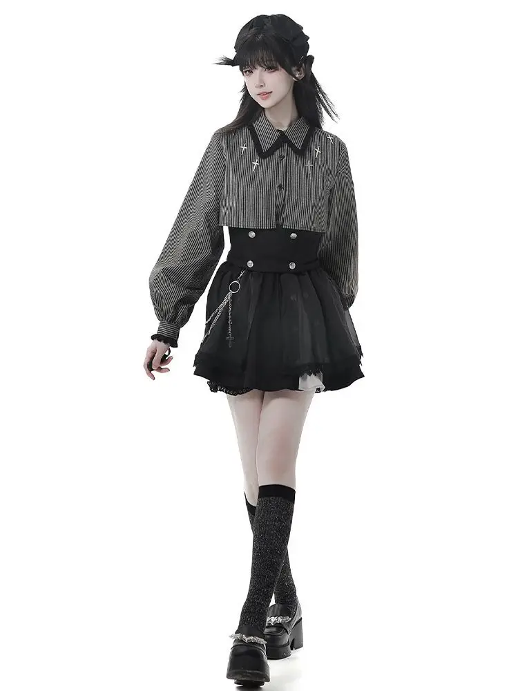 2025 New Japanese Gothic Sweet Girl Long Sleeve Loose Striped Shirt + Vintage Cross Decoration Asymmetric Long Skirt Set Women's