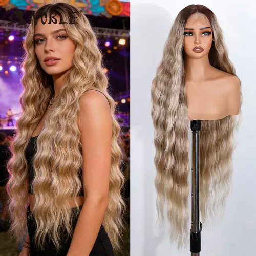 Imagen 2 del producto Peluca con malla frontal sintética Noble de 36 "", peluca dorada ondulada larga con parte de encaje para mujer, peluca con malla frontal, peluca de Cosplay Rubio degradado
