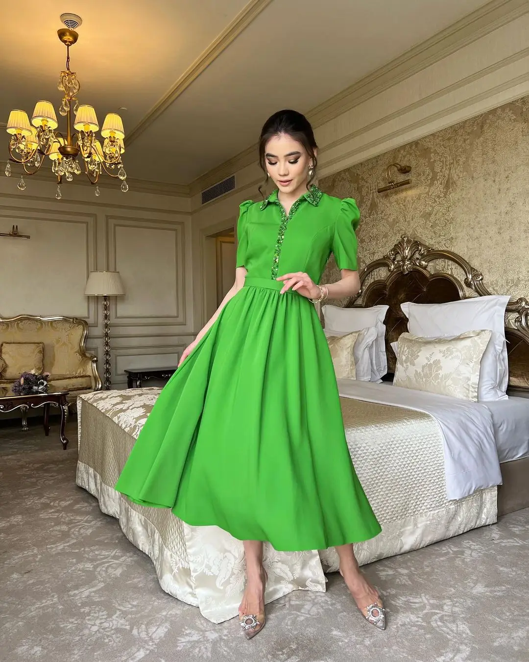 

2023 Green Beads Sequins Prom Dresses A-Line Short Sleeves Elegant Customized Arabia Vestidos De Formal Occasion Dresses