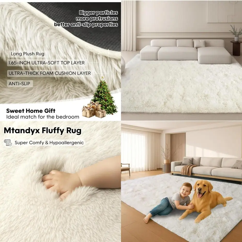 Alfombra de Felpa Crema de 8x10 para Sala de Estar y Dormitorio - Alfombra Interior Grande, Gruesa y Antideslizante, Ideal para Niños y Decoración de Dormitorios