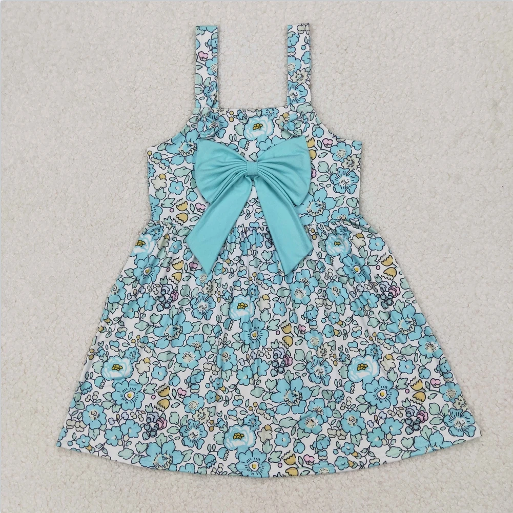 

Wholesale Baby Girls Dress Kids Clothes Girls Knee Length Dresses Toddler Baby Girls Blue Flowers Big Bow Knee Length Dresses