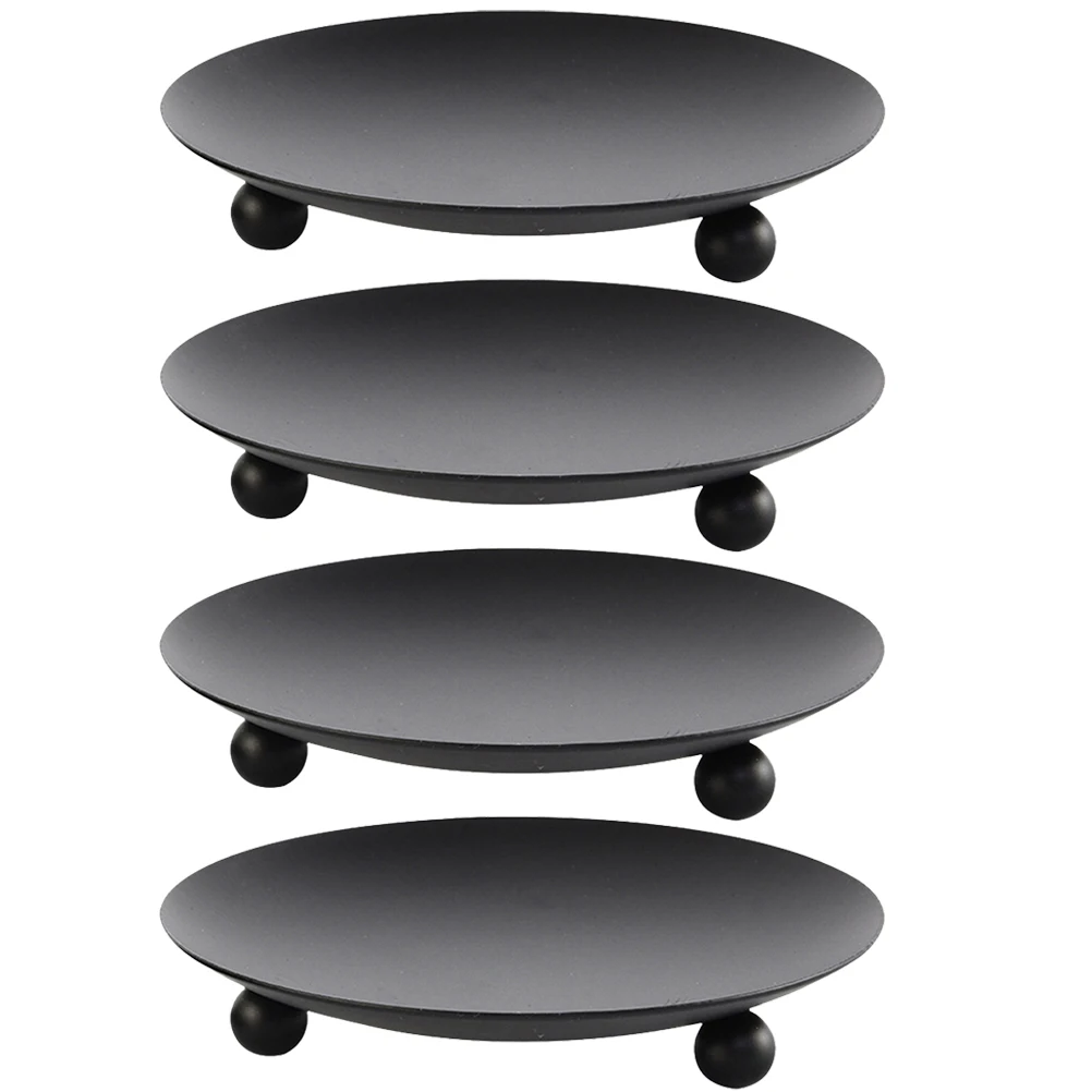 

4Pcs Iron Art Holders Metal Pillar Plates Matte Black Retro Style Romantic Party Home Desktop Decor Wedding