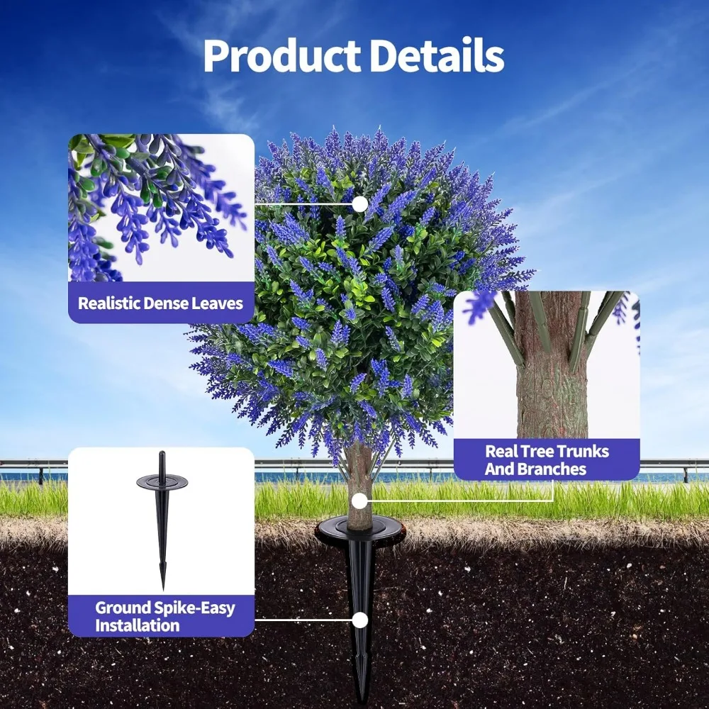 أشجار توبياري من خشب البقس اللافندر الاصطناعي - زوج من 26 شجيرات صناعية دائمة الخضرة مقاومة للأشعة فوق البنفسجية مع مسامير أرضية للديكور الخارجي